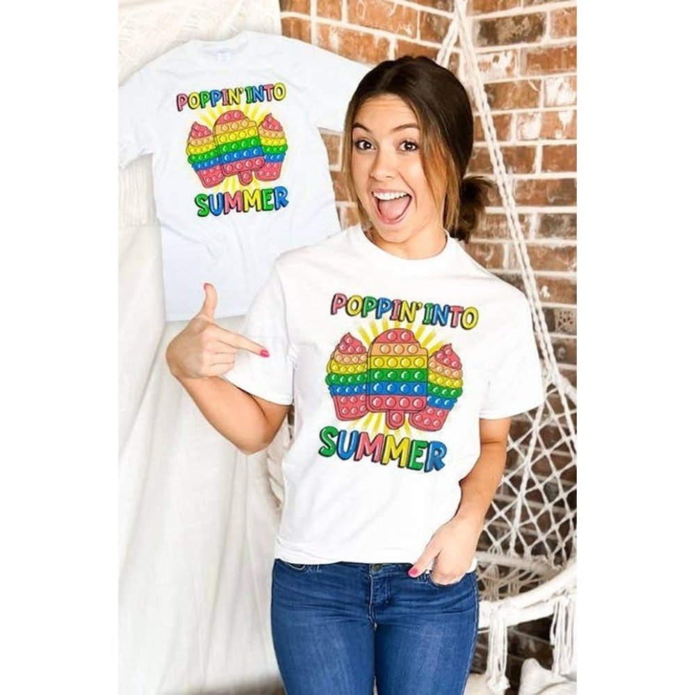 "Poppin' Into Summer" Rainbow Pop It T-Shirt - Fun & Colorful‎ Youth Large